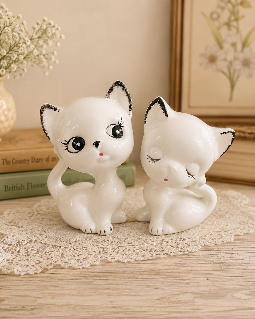 Pair (2) Midcentury Vintage Porcelain Cat Figurines (7 & 6 inch)